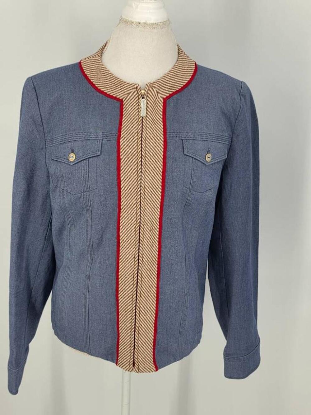 St John Sport Womens L Full Zip Denim Jacket Knit Trim Blue Chambray Coat